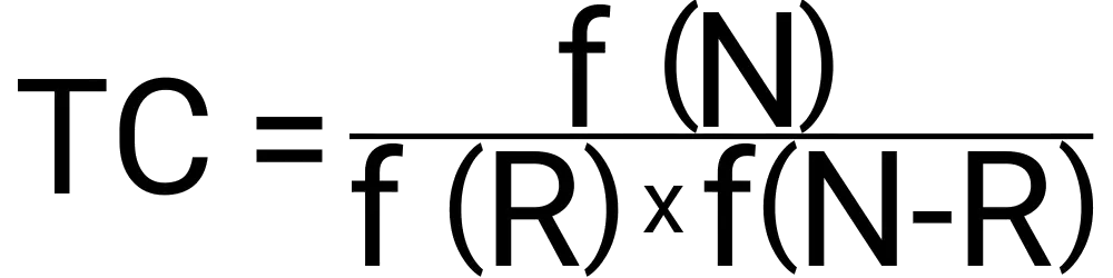 An image of the formula used to calculate how many combinations you can make with a certain number of options and how many you want to choose from them.